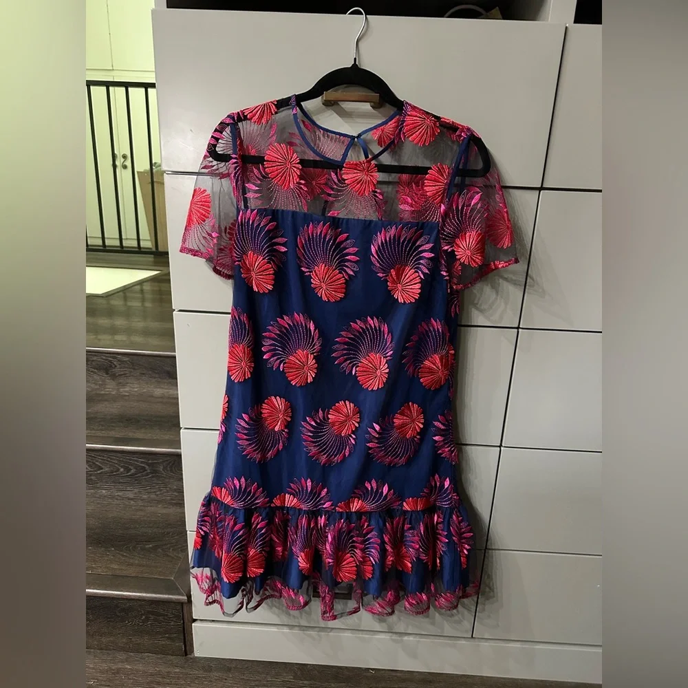 Trina Turk Embroidered Lacy Dropwaist Pink and Blue Dress, Sz 4, EUC